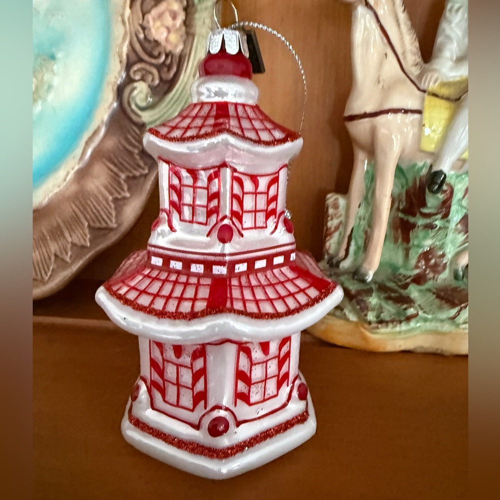 Red and White Glass Pagoda Ornament